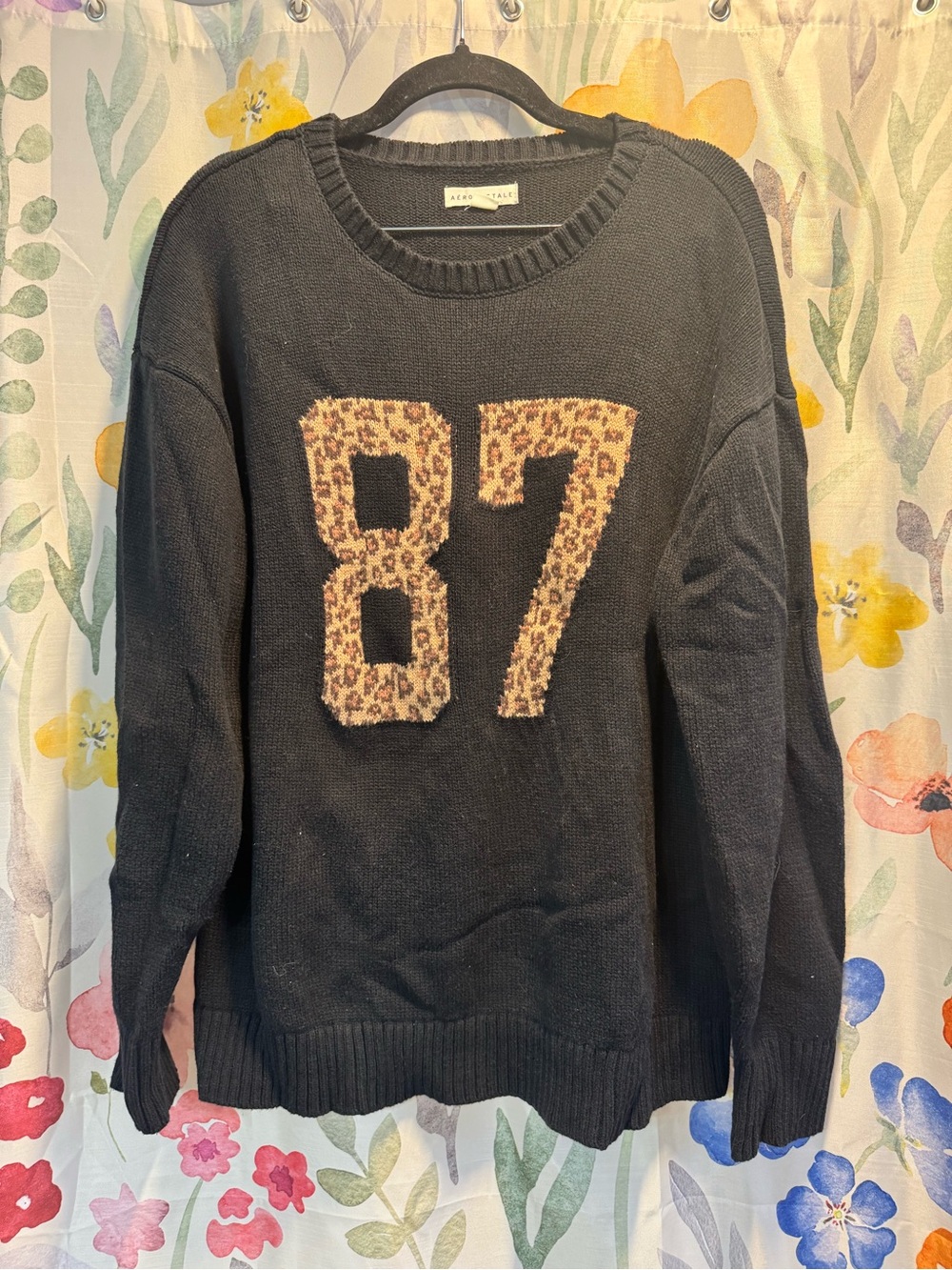 Aeropostale Black Crewneck Sweater with Leopard '87'